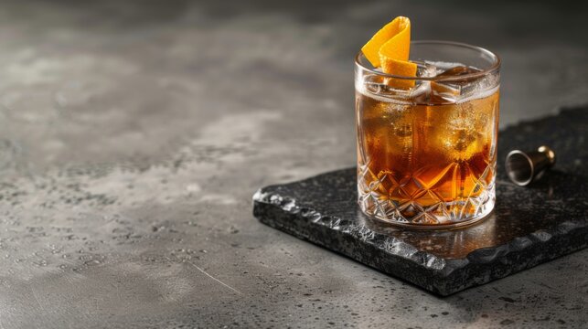 Old Fashioned cocktail on podium on concrete background. Glass of alcoholic drink