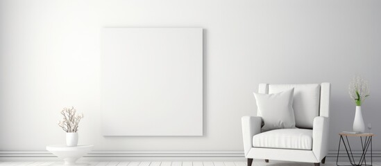 A spacious white living room featuring a gray chair, a soft carpet, and a picture frame on the wall. The room is designed with simplicity and elegance.