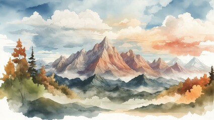 2d illustration of mountains and forest as a background with clouds in watercolor