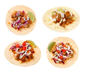 Delicious tacos with vegetables, meat and lime isolated on white, set