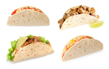 Different delicious tacos isolated on white, set