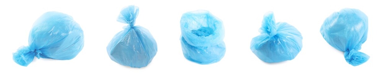 Light blue plastic garbage bags isolated on white, set