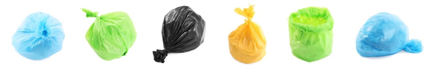 Different plastic garbage bags isolated on white, set