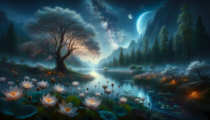 Ethereal Midnight: Lotus Wonders in Moon Glow