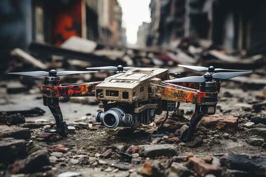 Close up view of drone flying over devastated cityscape amid ruin and desolation