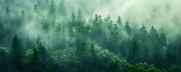 Misty Forest Aerial Photograph with Pine Trees. Foggy, Atmospheric Nature Background.