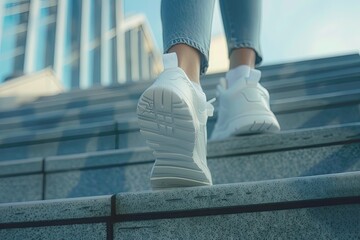 A sporty girl in sneakers climbs the stairs. generative ai - obrazy, fototapety, plakaty