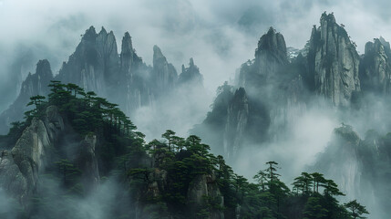 A photo of towering mountains, with craggy peaks as the background, during a misty morning in old...