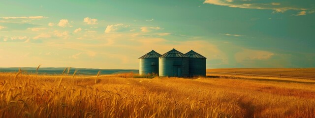 Silos in a Wheat Field, Storage of Agricultural Production - obrazy, fototapety, plakaty