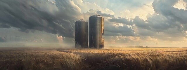 Silos in a Wheat Field, Storage of Agricultural Production - obrazy, fototapety, plakaty