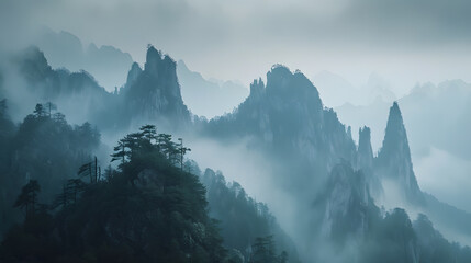 A photo of towering mountains, with craggy peaks as the background, during a misty morning in old engraving style