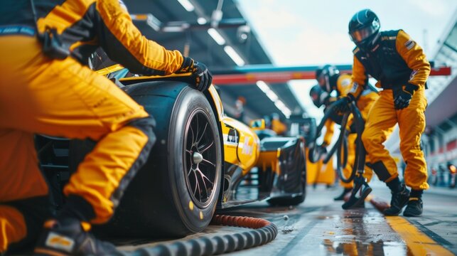Professional Pit Crew in Action During Race Car Pitstop