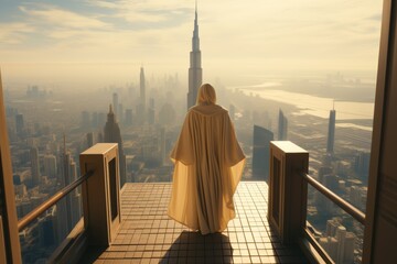 Jesus christ standing in heaven at dawn, blessing large modern city with skyscrapers as clouds hover