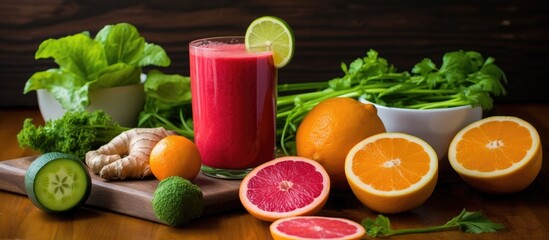 A refreshing glass of juice served on a wooden table, surrounded by a variety of colorful fruits and vegetables, showcasing the natural ingredients used in the recipe