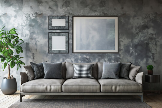 Composition of three poster frames hanging over a grey three seater sofa in a Scandinavian style living room, mockup design