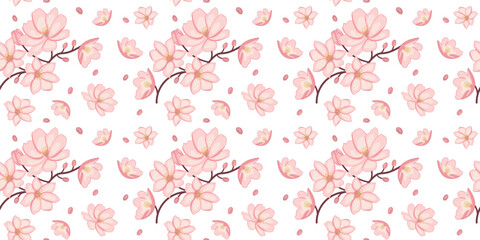 Seamless pattern of spring tree blossoms. Vector editable pattern of pink flowers on branch. Artistic background for design, textile, wedding, holiday, women, cards, social networks, banners