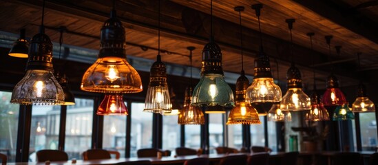 Obraz premium A row of vibrant pendant lights decorates the ceiling of a restaurant, creating a colorful and inviting atmosphere for diners