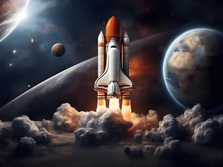 Zelfklevend Fotobehang Space shuttle rocket in deep space, spaceship takes off into the night sky on a mission, Travel and space exploration, creative idea, with clouds and Earth planet © Piti