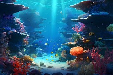 A surreal underwater landscape teeming with vibrant coral reefs, exotic fish, and swaying sea plants.
