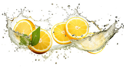 Yuzu sliced pieces flying in the air with water splash isolated on transparent png.
