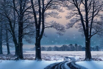the Winter Landscape with Snow and Trees