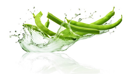 Yardlong bean sliced pieces flying in the air with water splash isolated on transparent png.
