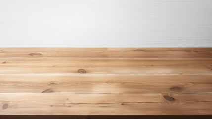 Empty wooden table in front of white wall. Generative ai