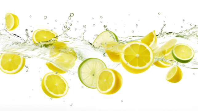 Yuzu sliced pieces flying in the air with water splash isolated on transparent png.
