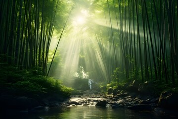 A tranquil bamboo forest bathed in soft, ethereal light, with shafts of sunlight filtering through the dense canopy.
