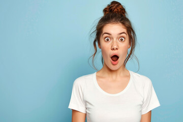 the woman radiates an emotion of surprise. a young woman in a white T-shirt looks in surprise on a blue background.