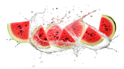 Watermelon  sliced pieces flying in the air with water splash isolated on transparent png.
