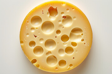 Top view of a round Swiss cheese on white background. Generative ai

