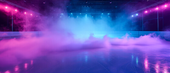 Fototapeta na wymiar Ice Rink Background. Professional Arena illuminated blue, pink neon lights, spotlights with smoke. Copyspace. Winter poster for hockey competitions. Ice skating. Stadium. Generative ai