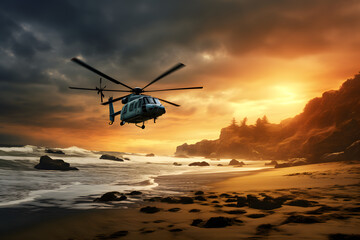 Fototapeta na wymiar Helikopter flying over beach, heli on beach, helicopter