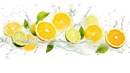 Ugli fruit sliced pieces flying in the air with water splash isolated on transparent png.
