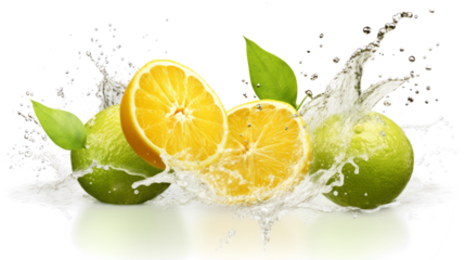 Ugli fruit sliced pieces flying in the air with water splash isolated on transparent png.
