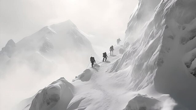 A group of climbers climb the mountains in winter