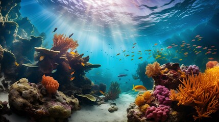 Fototapeta na wymiar blue underwater scene with fish and plants