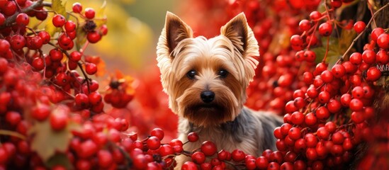 A small carnivore dog is sitting next to a plant with red berries. It is a companion dog breed with a cute snout and a fawncolored coat. The scene would be great for macro photography - obrazy, fototapety, plakaty