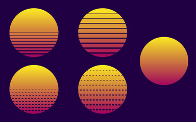 Vintage sunset collection. Colorful striped sunrise badges in 80s and 90s style. Sun and ocean views, summer vibes, surfing. Design element for print, logo, or t-shirt. Vector illustration