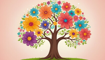 A fancy craft, a paper tree with spreading branches decorated with bright paper flowers in purple, pink, yellow, blue, red and orange shades. A cheerful art exhibition.