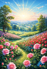 Fototapeta premium The sky is a tapestry of bright orange and blue hues, through which rays of sunlight break through, emphasizing the natural beauty of roses and hills in the background. Sunrise.