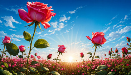 Fototapeta premium The sky is a tapestry of bright orange and blue hues, through which rays of sunlight break through, emphasizing the natural beauty of roses and hills in the background. Sunrise.
