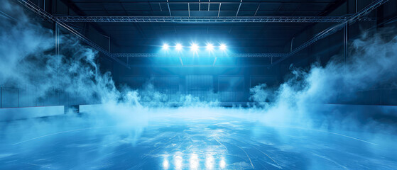  Blue Ice Rink Background. Professional Arena illuminated neon lights, spotlights with smoke. Copyspace. Winter poster for hockey competitions. Ice skating. Stadium. Generative ai - obrazy, fototapety, plakaty