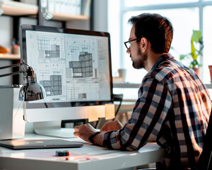 The Generative AI of a design engineer works with construction drawings sitting on a computer - obrazy, fototapety, plakaty