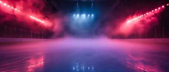  Ice Rink Background. Professional Arena illuminated neon lights, spotlights with smoke. Copyspace. Winter poster for hockey competitions. Ice skating. Stadium. Generative ai - obrazy, fototapety, plakaty