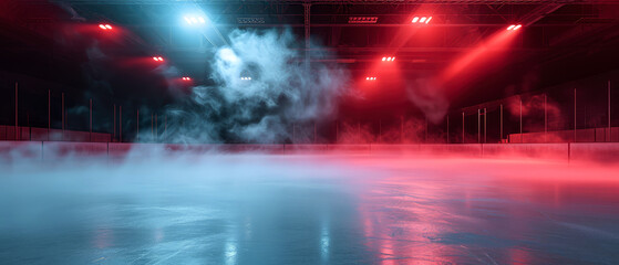  Ice Rink Background. Professional Arena illuminated neon lights, spotlights with smoke. Copyspace. Winter poster for hockey competitions. Ice skating. Stadium. Generative ai