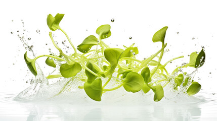 Sunflower sprouts sliced pieces flying in the air with water splash isolated on transparent png.
