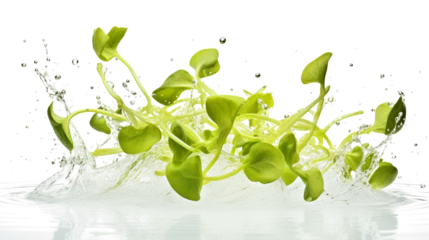 Foto op Plexiglas Sunflower sprouts sliced pieces flying in the air with water splash isolated on transparent png.  © Sachchakorn