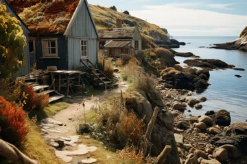 Fotobehang fishermans house surrounded by vibrant poppy fields and a pathway leading to the sea © vetrana